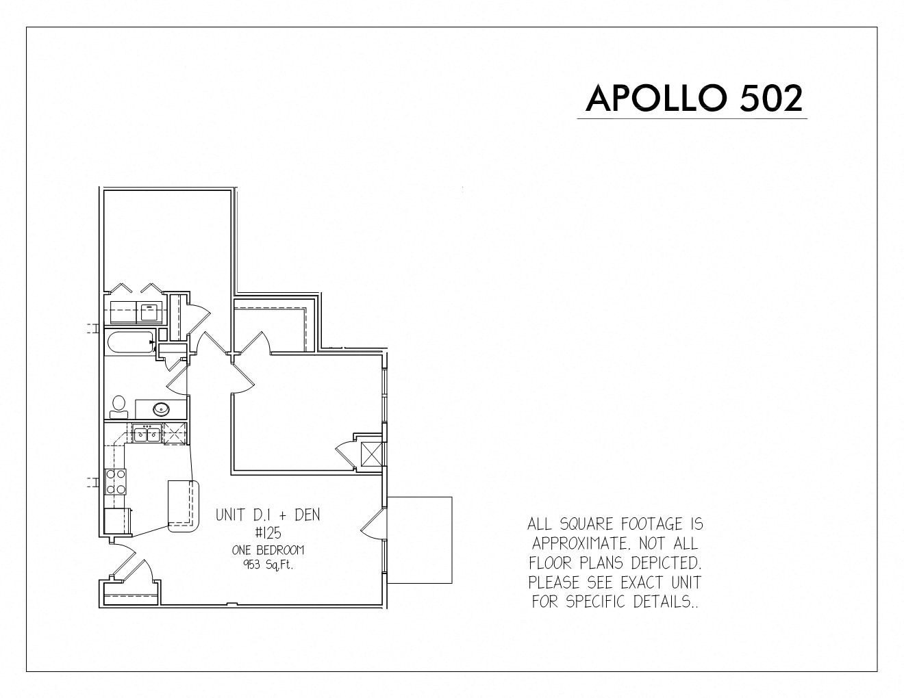 Floor plan for 1 bed, 1 bath, 953 sqft